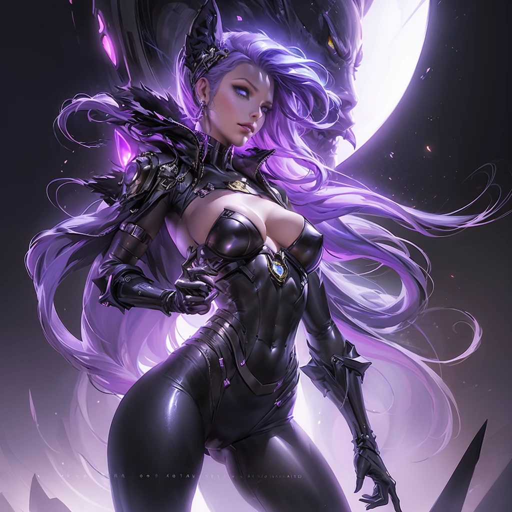 "Create an image of Dark Nexus Valentina (with model reference of blake lively actress) from Mobile Legends: Bang Bang. She should be portrayed in her futuristic attire featuring shades of deep purple and black with intricate, cyberpunk patterns. Her eyes should glow with an eerie light. Valentina should be surrounded by an aura of dark energy. The background should be futuristic with swirling shadows and dim, mysterious lights, highlighting her ominous and powerful presence." Stylish profile picture, 3d game character artstyle. The model should be in the centre of the picture.