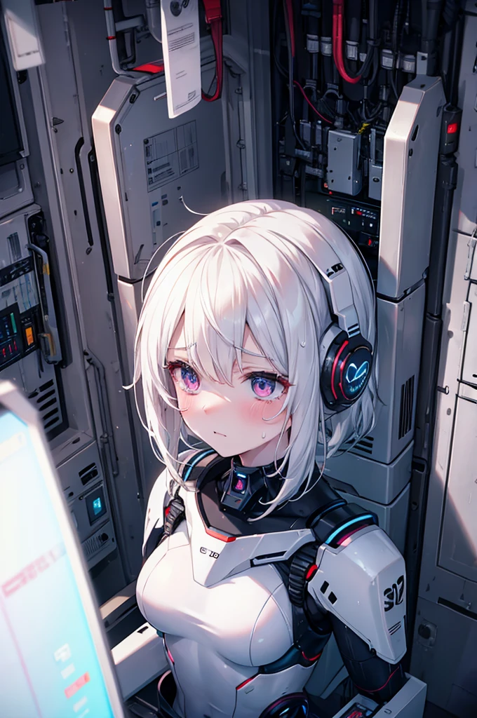 white skin, sad tears, sweat, device room, android robot, operator uniform, cockpit, perfect anatomy, cg,  girl, solo, age