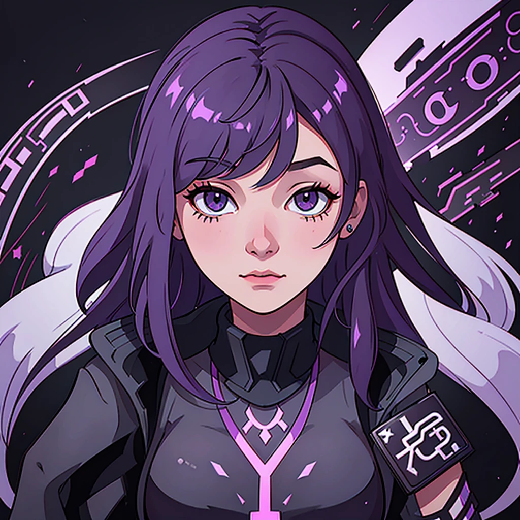 "Create an image of Dark Nexus Valentina (with model reference of blake lively actress) from Mobile Legends: Bang Bang. She should be portrayed in her futuristic attire featuring shades of deep purple and black with intricate, cyberpunk patterns. Her eyes should glow with an eerie light. Valentina should be surrounded by an aura of dark energy. The background should be futuristic with swirling shadows and dim, mysterious lights, highlighting her ominous and powerful presence." Stylish profile picture, 3d game character artstyle. The model should be in the centre of the picture.