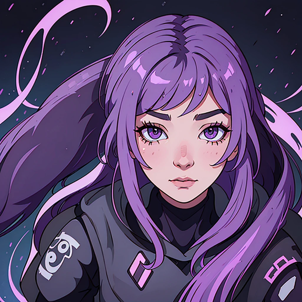 "Create an image of Dark Nexus Valentina (with model reference of blake lively actress) from Mobile Legends: Bang Bang. She should be portrayed in her futuristic attire featuring shades of deep purple and black with intricate, cyberpunk patterns. Her eyes should glow with an eerie light. Valentina should be surrounded by an aura of dark energy. The background should be futuristic with swirling shadows and dim, mysterious lights, highlighting her ominous and powerful presence." Stylish profile picture, 3d game character artstyle. The model should be in the centre of the picture.