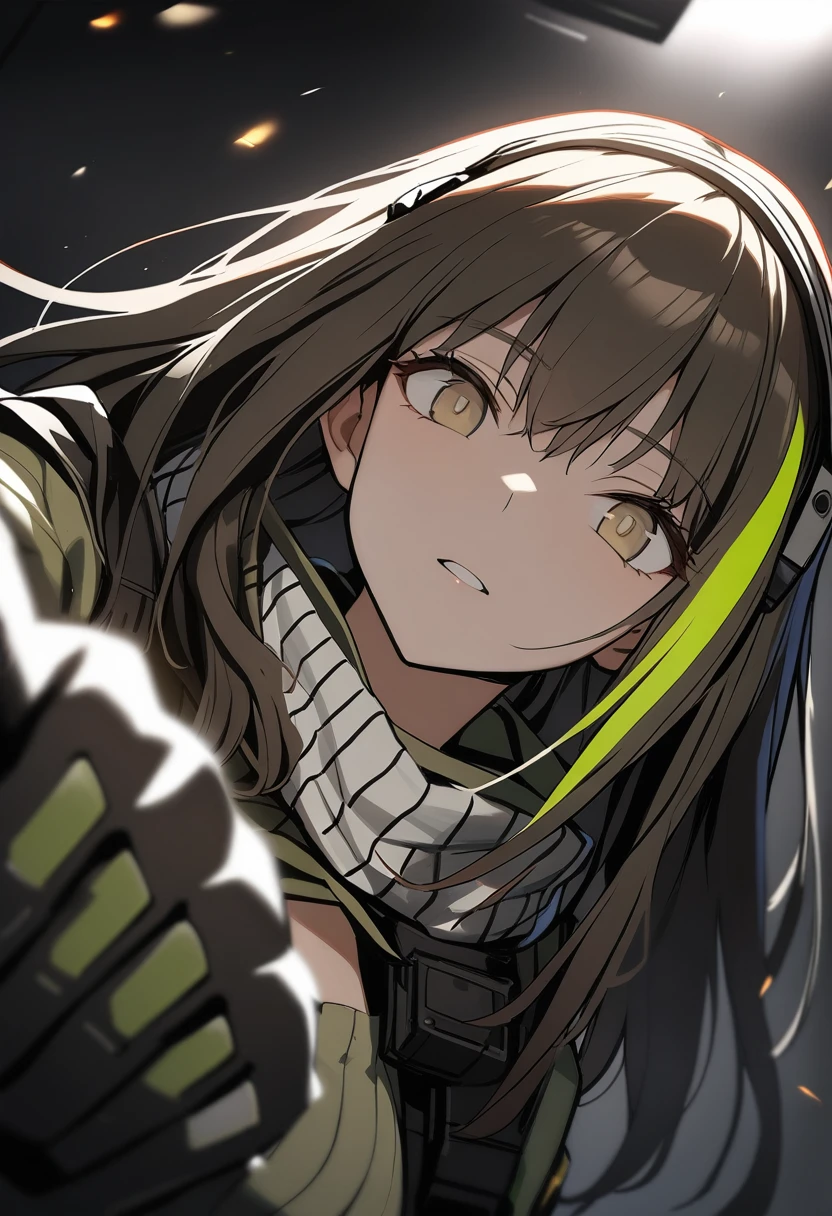 1girl, M4A1 \(girls' frontline\), girls' frontline, close-up, cinematic angle, foreshortening, dark, dark background, masterpiece, best quality