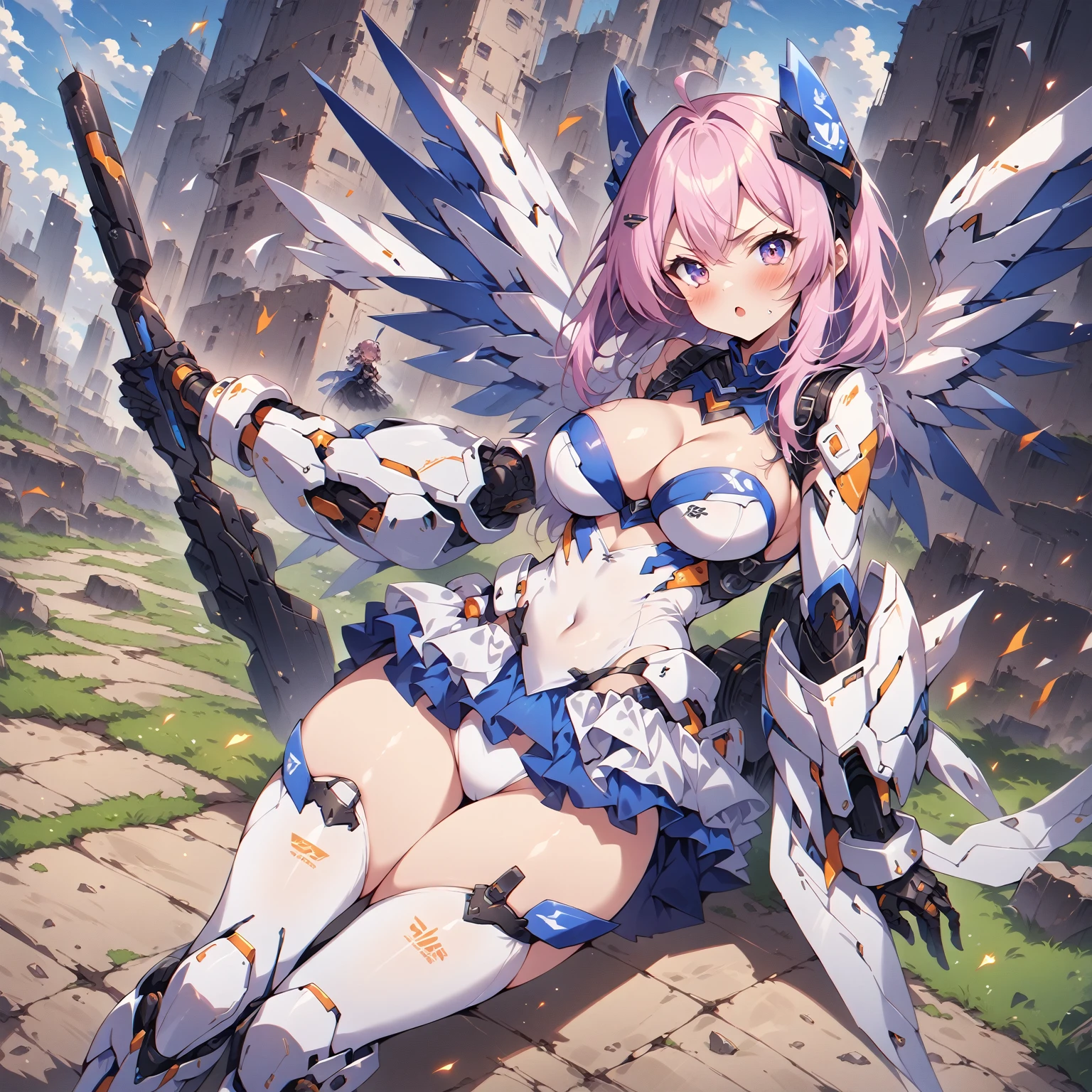 score_9, score_8_up, score_7_up, source_anime,masterpiece, best quality, high resolution, extremely detailed CG, absurdres, highres, a mecha girl with huge mecha_wings flying in the sky, holding huge weapon,1girl, solo, cleavage, thighs, looking at viewer, mecha musume,neondskdrmsxl, >:(