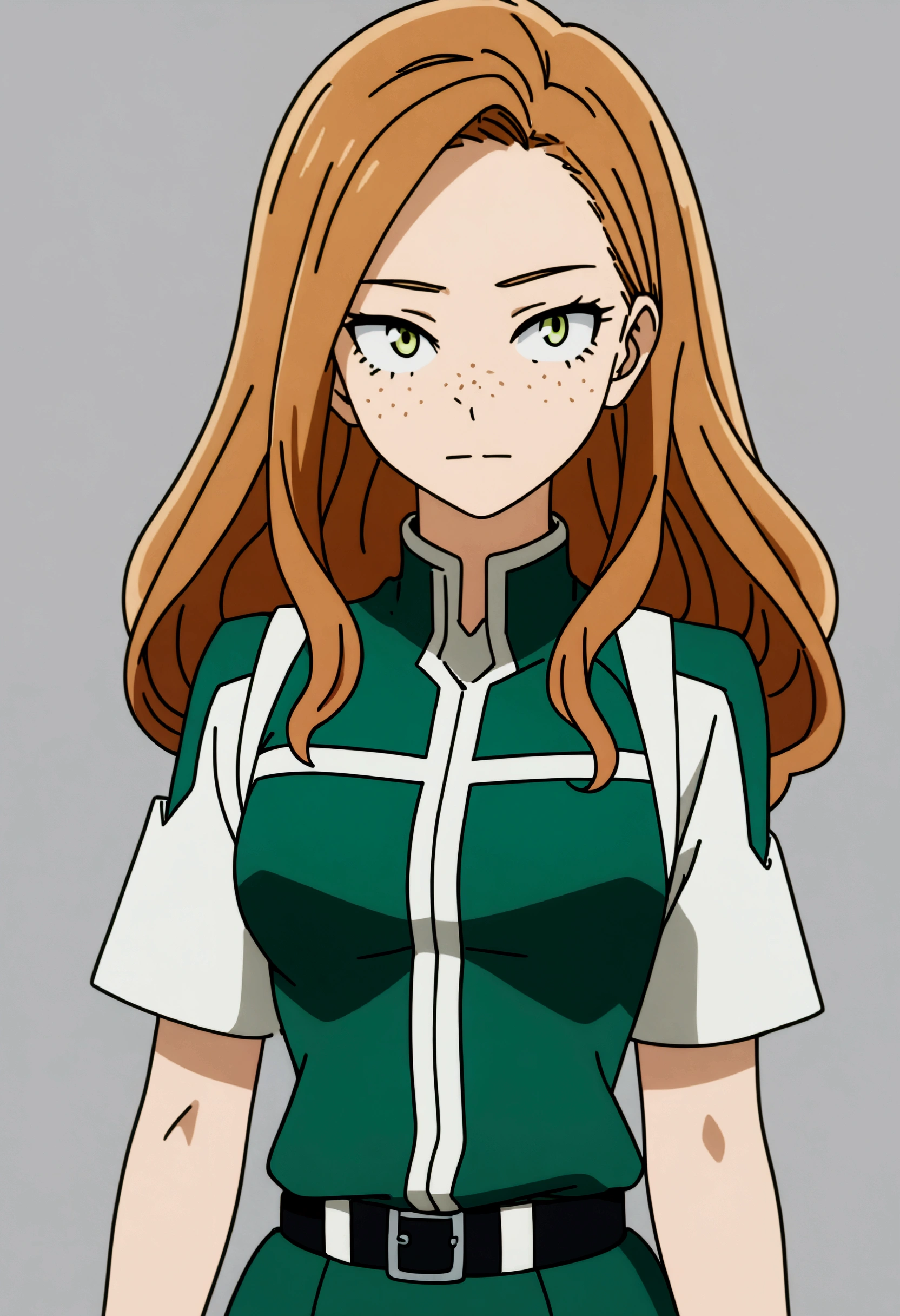 She is a 15 year old teenager, she has slightly disheveled long ginger hair, light brown eyes, with some freckles on the nose area  , fit body , anime art slyle my hero academy , sexy face , she is dressed in the anime female uniform "my hero academia", , 8k, high quality, masterpiece, , cinematic, vivid colors, shining green eyes