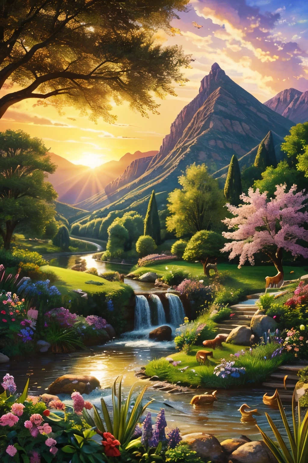 Beautifully photorealistic biblical scenes from the Book of Genesis. The scene shows various creatures, both land and air, being brought to life by God. There were majestic beasts, vivid birds, and various aquatic life, fishes jumping out from the stream. In the center, garden with fruit trees. The sky was filled with warm golden light, and the land was rich with greenery and flowers.