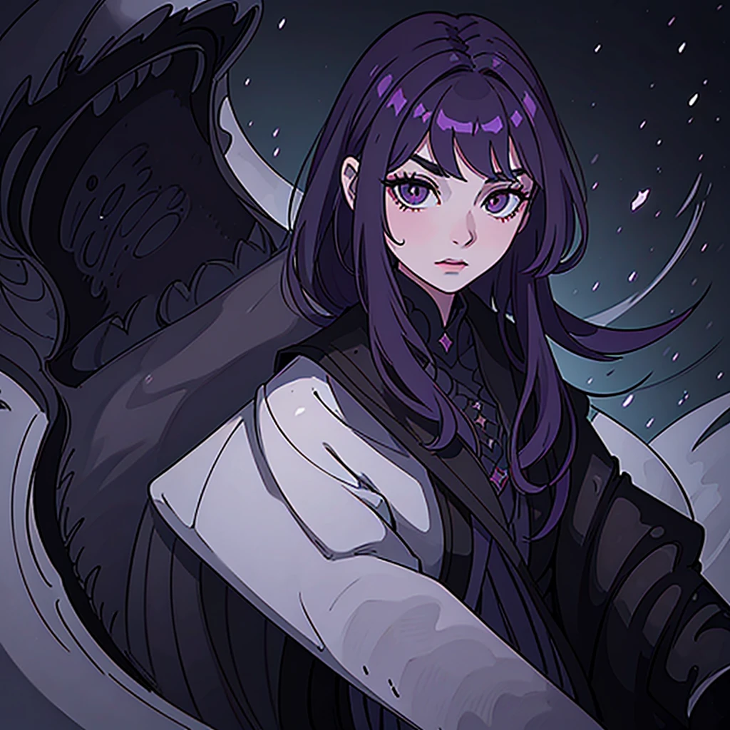 a dark and mysterious girl, Valentina,dark purple and black robes with intricate otherworldly patterns,flowing shadowy and ethereal robes,glowing eyes with eerie light,wielding a dark staff,surrounded by dark energy aura,haunting otherworldly landscape,swirling shadows and dim mysterious lights,masterpiece,highly detailed,photorealistic,dark fantasy,concept art