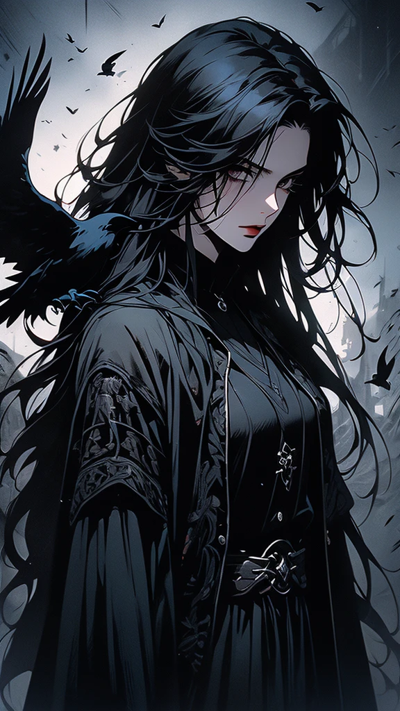 masterpiece,best quality,ultra-detailed,2girl,solo,crow,upper body,dark style,black hair,black clothes,standing,horror theme,