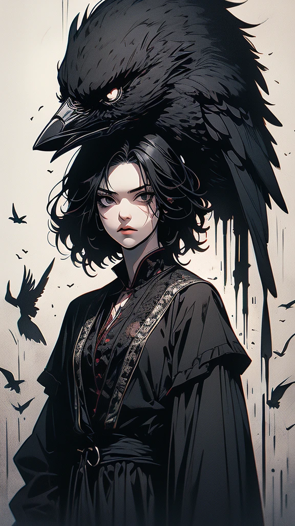masterpiece,best quality,ultra-detailed,2girl,solo,crow,upper body,dark style,black hair,black clothes,standing,horror theme,