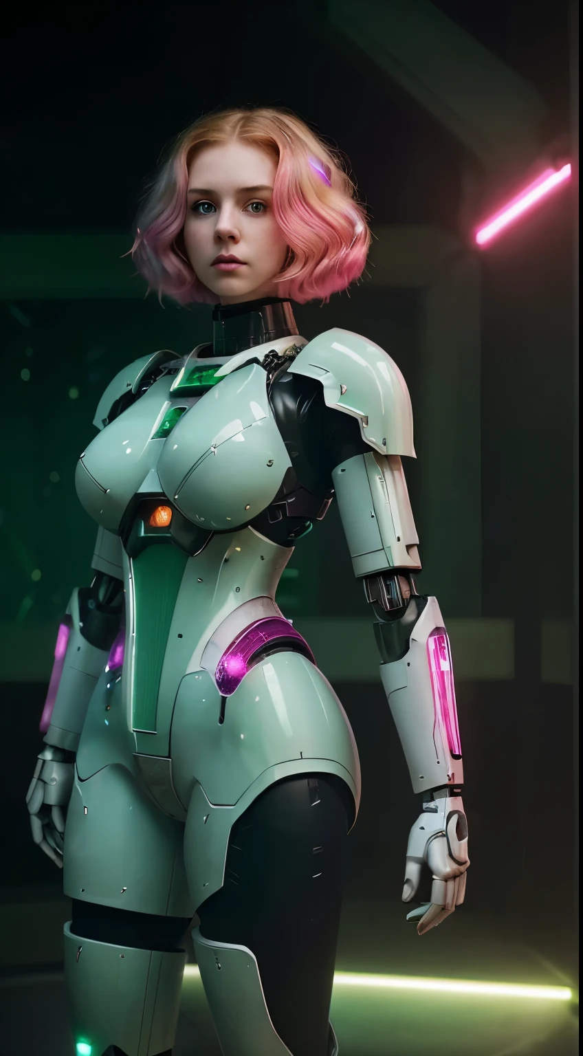 Cinematographic SCI-FI still captures a mechanical-warriorgirl, ([orange|copper] hair), (((emerald blighting eyes))), She has very pale skin(porcelain skin), (straight hair, combed back, hair clips), ((Dressed in a futuristic biomechanichal-armored spacesuit(Mecha style, with mecha body-enhancements, white lighting-joints, white-mechanical limbs, that accents her ample breasts and highlights her curves))), glass-helmet on the head, with a auricular-radio(diadema), a large shield on her hand, and in her back carrying a heaviest backpack. wear a pair of mecha high-heels. As asymmetric pose she Finds herself outside-isolated near of a forgotten spaceship(She encounters broken computers-parts, and strange glowing plants)-conjuring feelings of sadness and hopelessness. She is surrounded by a strange glowing plants. And The colors are desaturated(emphasizing the gloom). The overall effect is akin to the Kodachrome slides of yesteryears, with a touch of Lomography’s(capturing a moment frozen in time). The scene is dark, withbacklighting and a blurred bokeh background.  (((The color palette revolves around Emerald-Green/ Magenta-Pink theme))),neon-lighting accents(with holographic interfaces, like binaries codec numbers, and symbols on the background).
