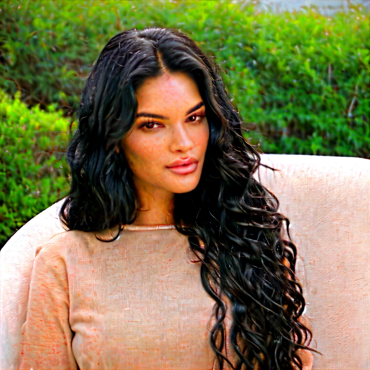 there is a woman sitting on a chair with long black hair, female with long black hair, wavy long - length black hair, wavy long black hair, woman with black hair, long wavy black hair, girl with black hair, wavy black hair, long curvy black hair, lush unkempt black hair, photo of a beautiful woman, black wavy hair, lush black hair