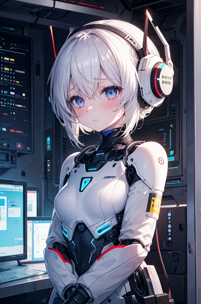 white skin, sad tears, sweat, device room, android robot, operator uniform, cockpit, perfect anatomy, cg, girl, solo, teenage
