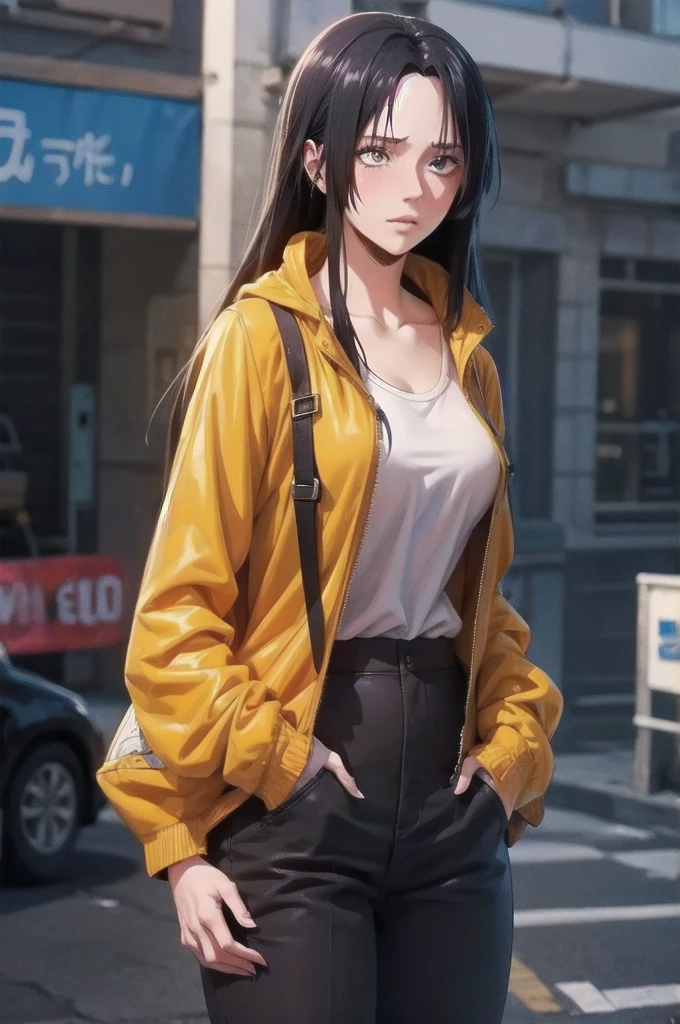 A girl, yellow jacket, hands in pockets, staring at another person, long black hair, heterochromic eyes, heterochromic eyes, heterochromic pupils, 8k resolution, very detailed, anatomically correct, digital painting, concept art, Makoto Shinkai style, clear picture,  