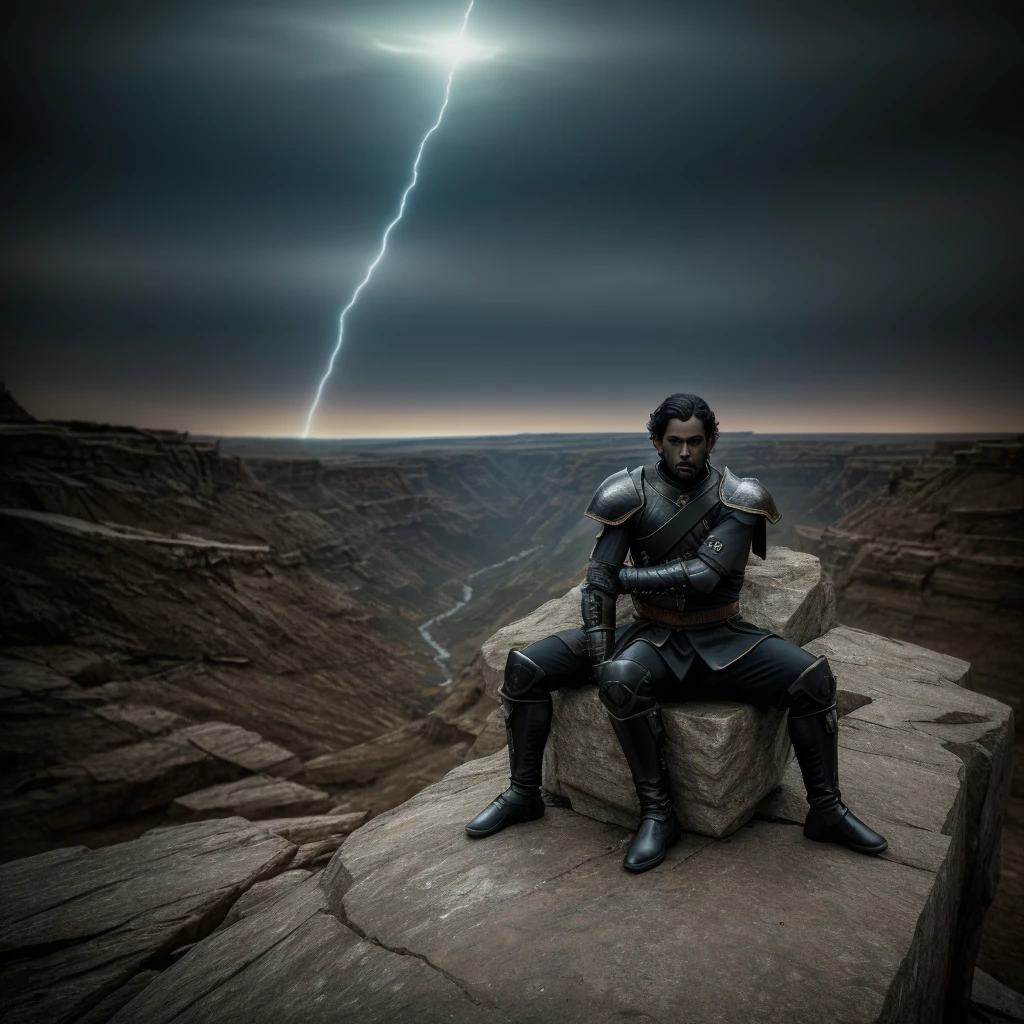 Edmond is a warrior prince, with a black, rotting hand that emits dark energy. He wears battle-worn armor and a royal talisman on his neck. Sitting on a stone throne atop a curvature between two cliffs, his expression must reflect a mixture of triumph and the weight of his dark pact. His posture is dominant and powerful. A desolate landscape after the battle, with remains of destruction around it. Dark and epic, with an aura of power and tension around Edmond. The illustration should convey a dark and charged atmosphere.