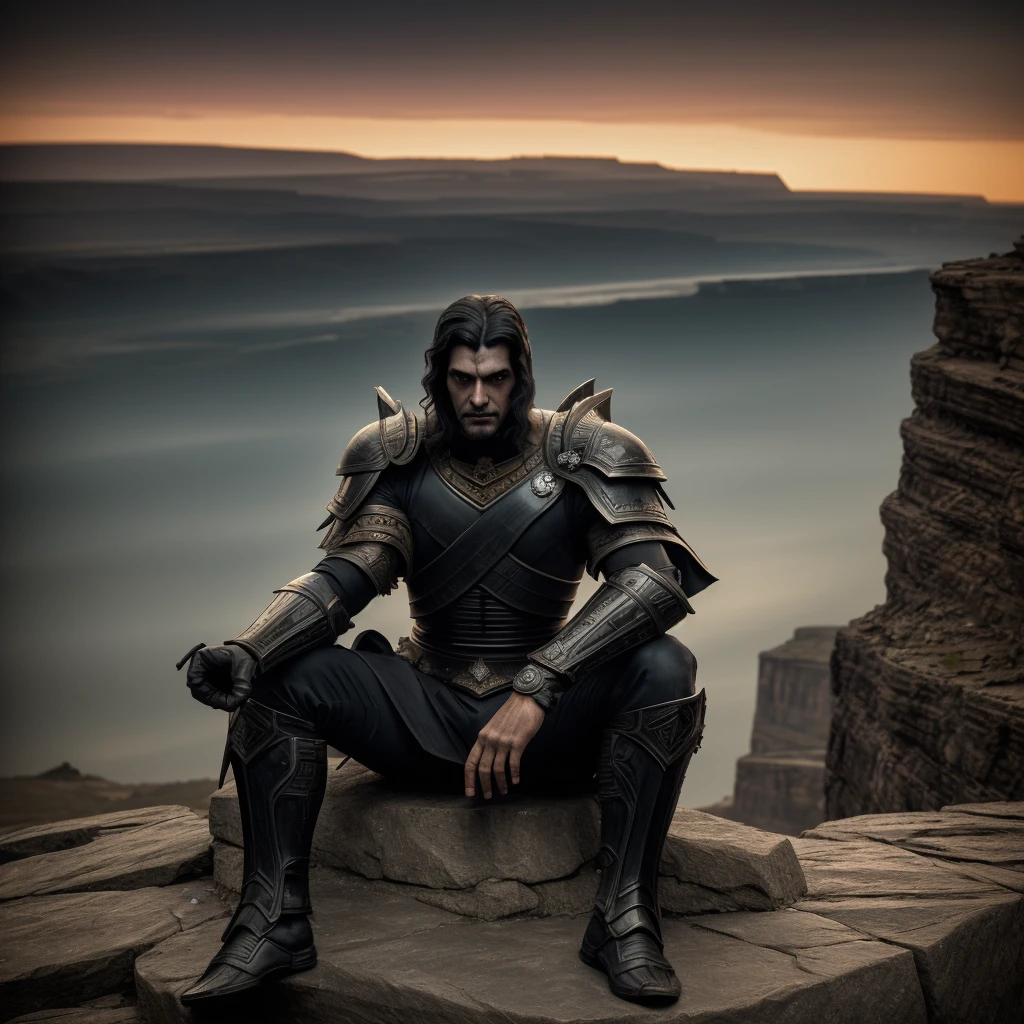 Edmond is a warrior prince, with a black, rotting hand that emits dark energy. He wears battle-worn armor and a royal talisman on his neck. Sitting on a stone throne atop a curvature between two cliffs, his expression must reflect a mixture of triumph and the weight of his dark pact. His posture is dominant and powerful. A desolate landscape after the battle, with remains of destruction around it. Dark and epic, with an aura of power and tension around Edmond. The illustration should convey a dark and charged atmosphere.