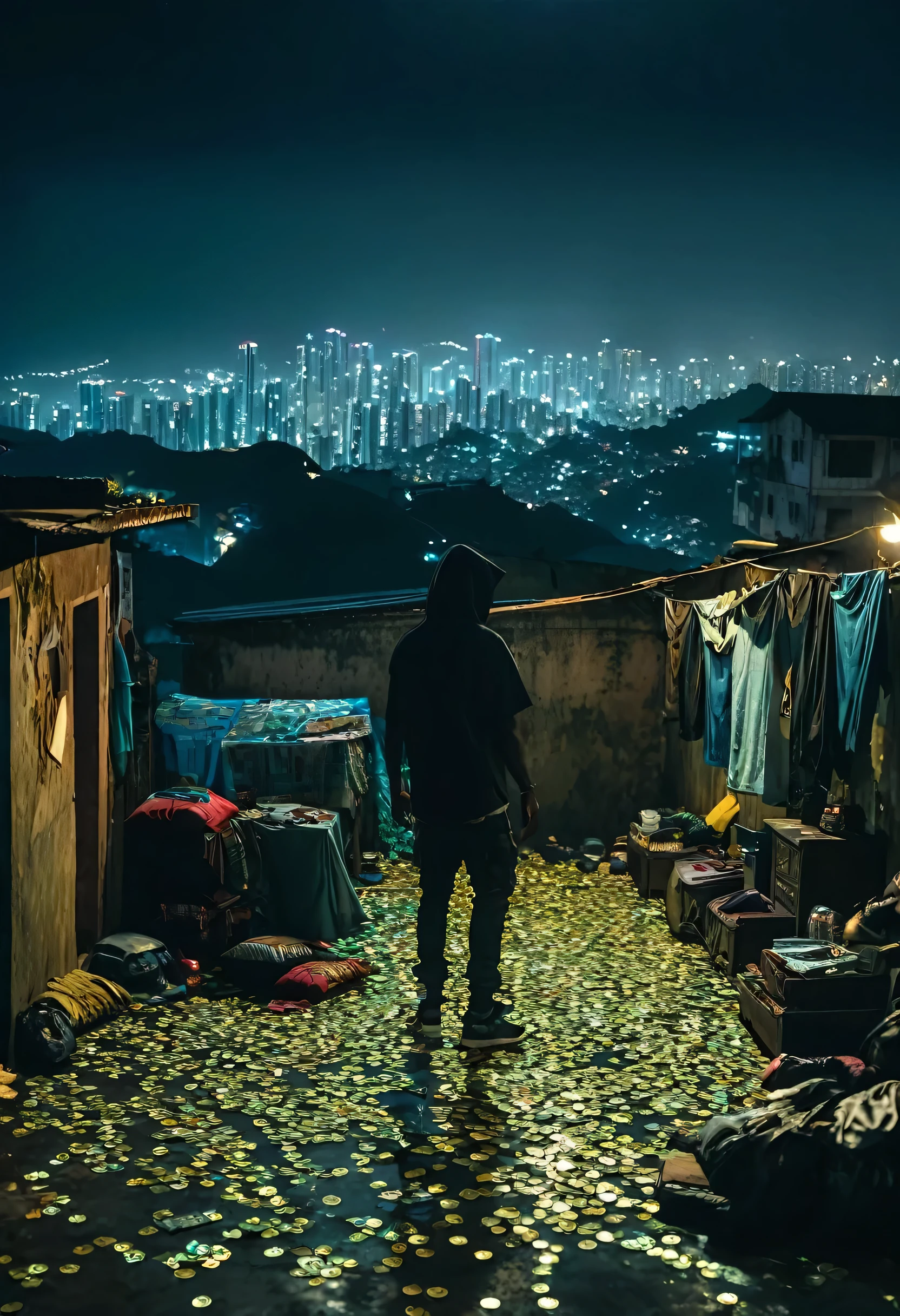 cinematic ultra-detailed 1 house in a favela, multiple hooded men, money scattered on the floor, night lighting, best quality, no weapons, hip hop style