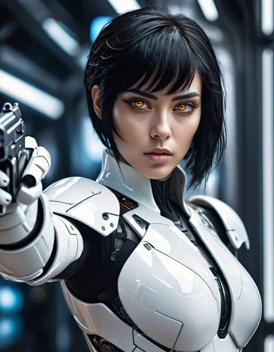An ultra-realistic digital illustration of a beautiful cyborg woman wearing a white porcelain-like futuristic armor suit, striking amber eyes, pointing a white porcelain-like gun to her viewer. She has black hair, pixie haircut. This breathtaking digital illustration is highly detailed and in the style of Ghost in the Shell, Cyberpunk and Dreamwave, hyper-maximalism, sharp focus, cinematic, HDR, 8k, final render