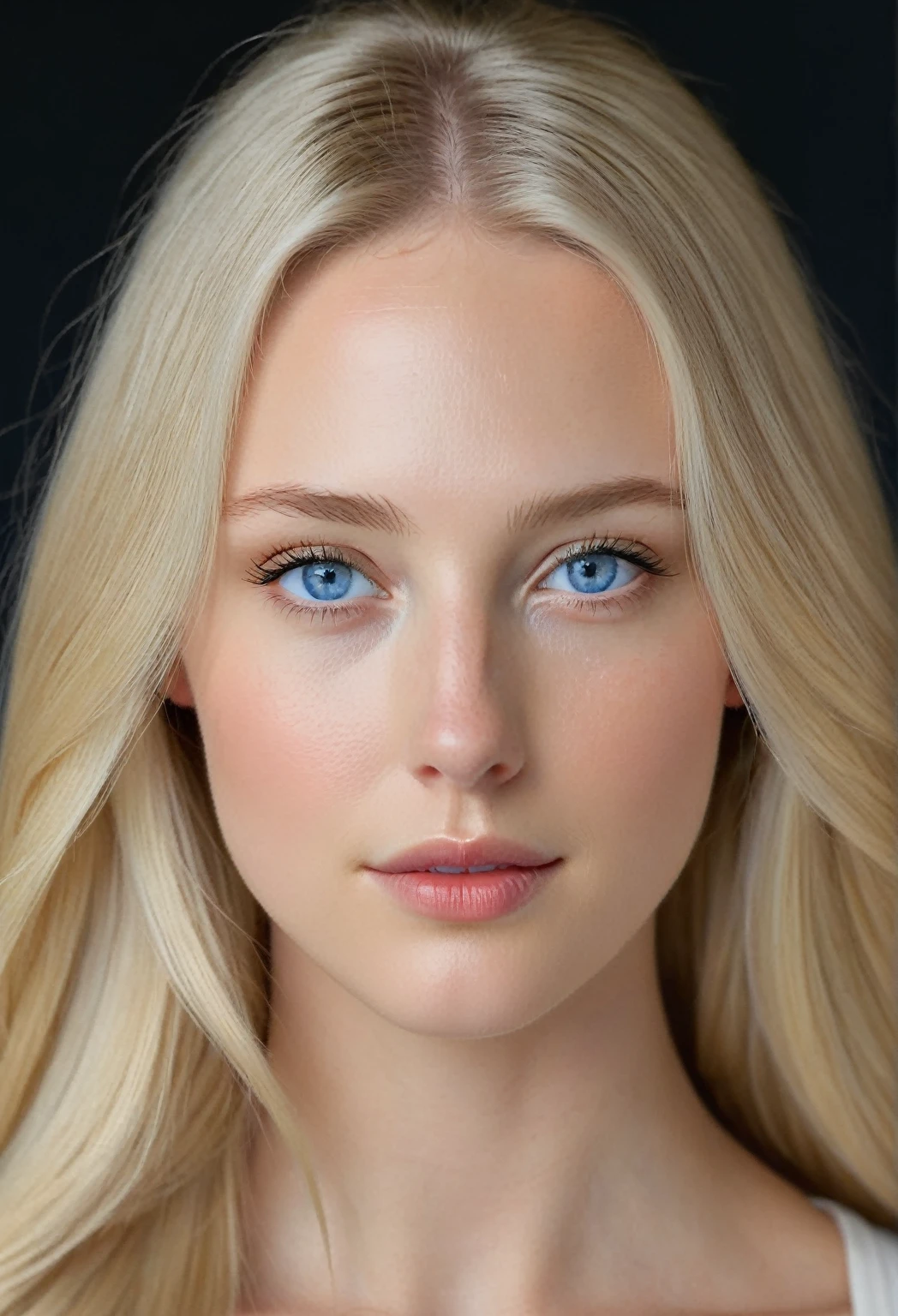Extremely light white woman, young, adult, neoteny, blue eyes, angelic face, fine features, thin nose, symmetrical face, small nose, perfect face, tenderness, smooth skin, perfect skin, very long light blonde hair,hyper realistic,centered front face, looking straight ahead,freckless,face identical to the image