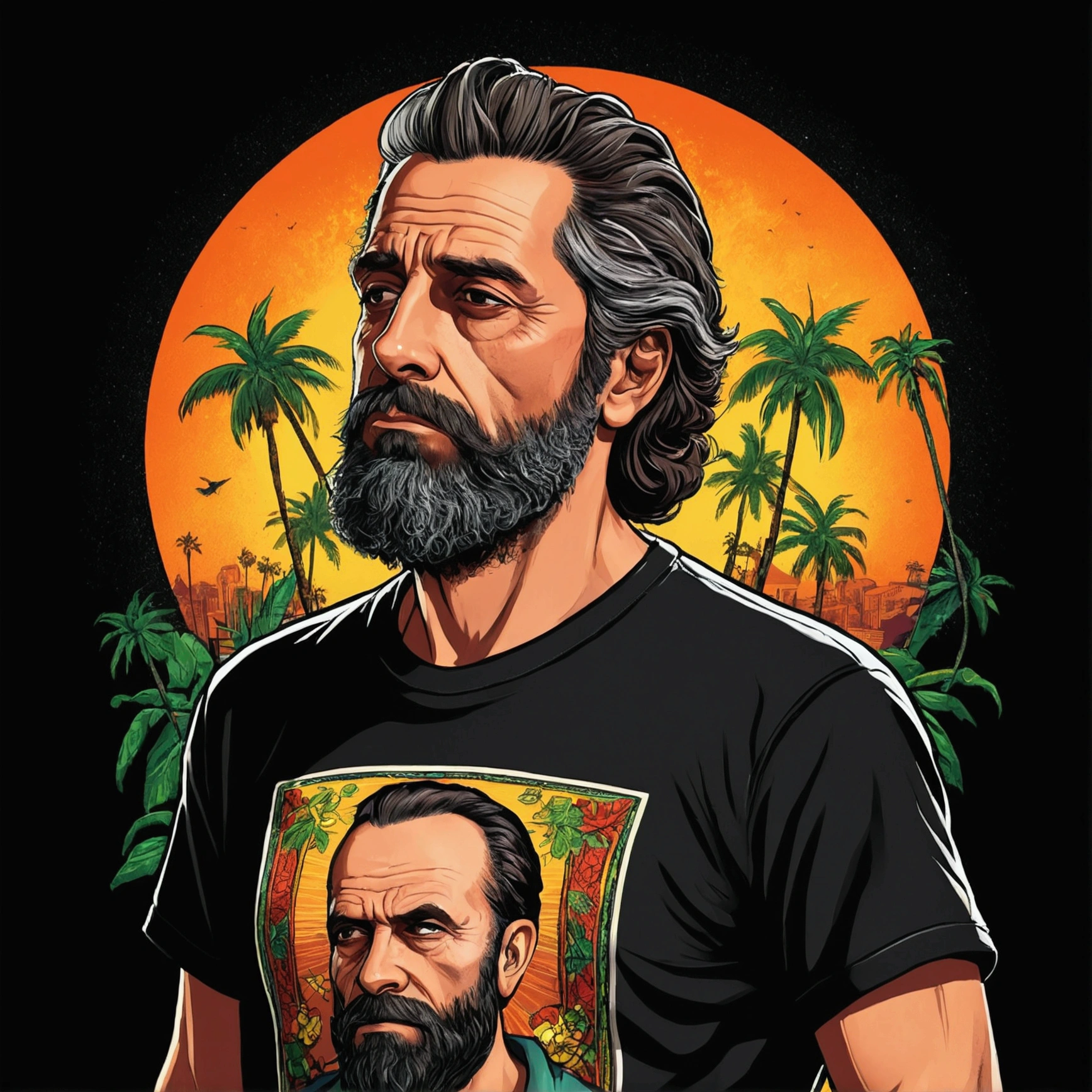 man, rico, cabelo castanho, 30years, Grieving, full character, Barba, illustration, Surrealism, GTAV, milionario, feliz, camiseta preta