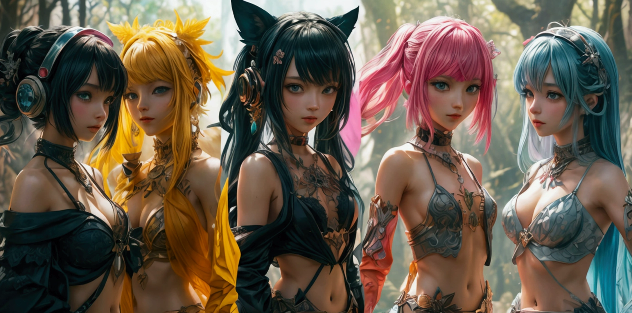Design a cover image for my Rarible account that features a collage of AI-generated anime girl characters. Include at least six characters, each with different hairstyles, outfits, and accessories to represent the customization options in my NFTs. Arrange the characters in a dynamic composition with some in the foreground and others in the background, creating a sense of depth. Use a vibrant color palette and intricate details to make each character stand out. The background should blend elements of fantasy (such as enchanted forests, mystical landscapes) and modern themes (like cityscapes, futuristic settings). Ensure the overall image is eye-catching and conveys the interactive and personalized nature of the collection.