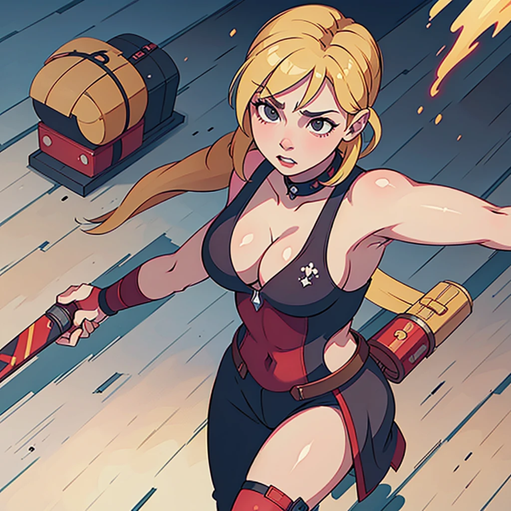 A woman in a deadpool costume,detailed female body,fighting pose with weapons,dynamic action scene,cinematic lighting,highly detailed portrait,beautiful woman with blonde hair,hyper realistic,8k,photorealistic,masterpiece,vibrant colors,unreal engine,cinematic dramatic lighting,gritty grunge texture,action movie still