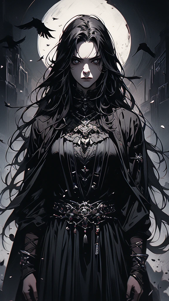 masterpiece,best quality,ultra-detailed,2girl,solo,crow,upper body,dark style,black hair,black clothes,standing,horror theme