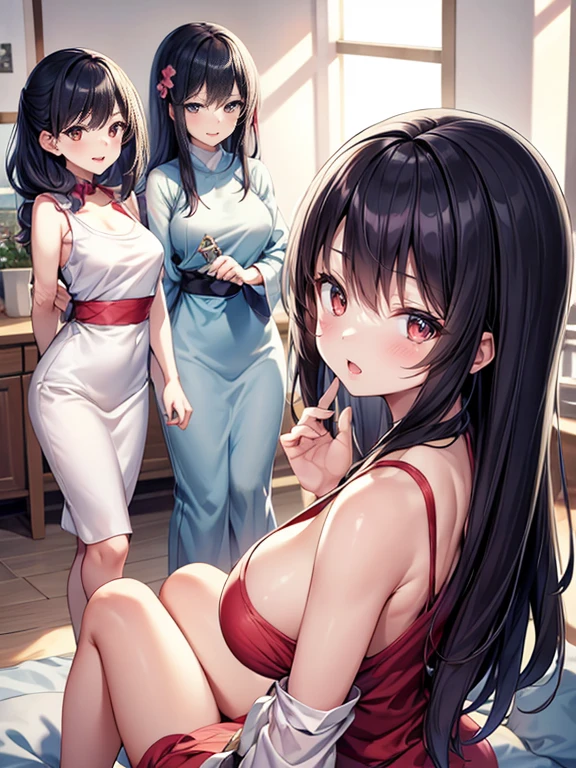 Three Asian women taking a photo in a room, Ulzzang, Three sisters looking in the mirror, 8k)), Popular Korean makeup, Profile picture, beautiful girl, 8k 自撮り写真, Cute - Nice - Face, Popular Korean makeup, Shishion Wu, pretty girl, Korean Girls, avatar Profile picture, sakimichan, very high quality, Surreal Realism, Super polished, high quality, 8k解像度, Diverse styles, Exposing shoulders without exposing breasts,