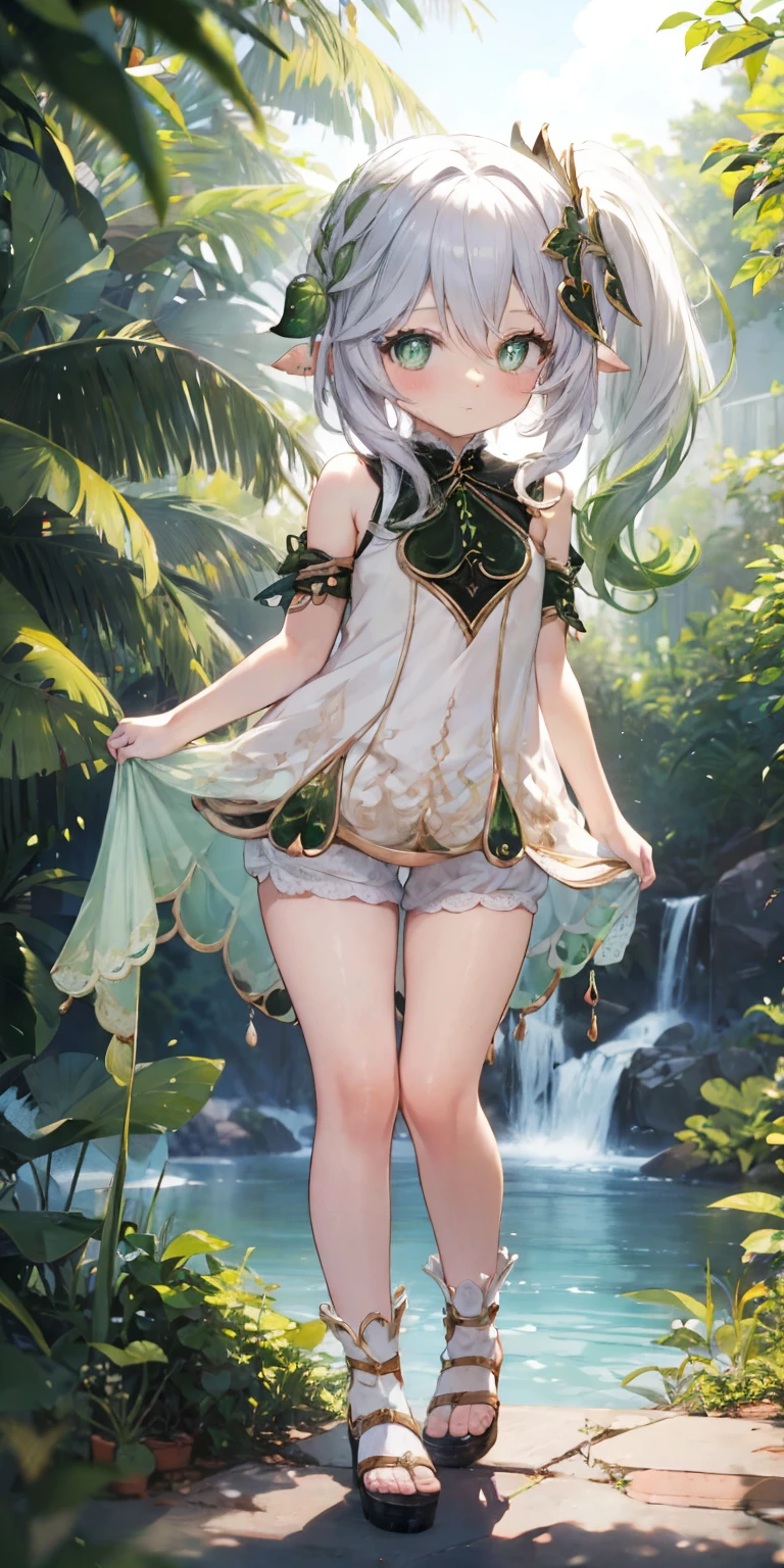 Thick thighs,Nahida,, , ,, flat chest, fullbody, head to toe capture on the frame, lolitoes, thick thighs, bloomers, bend over, showing her bum( butt), outdoor, cute girl, cute , one piece dress