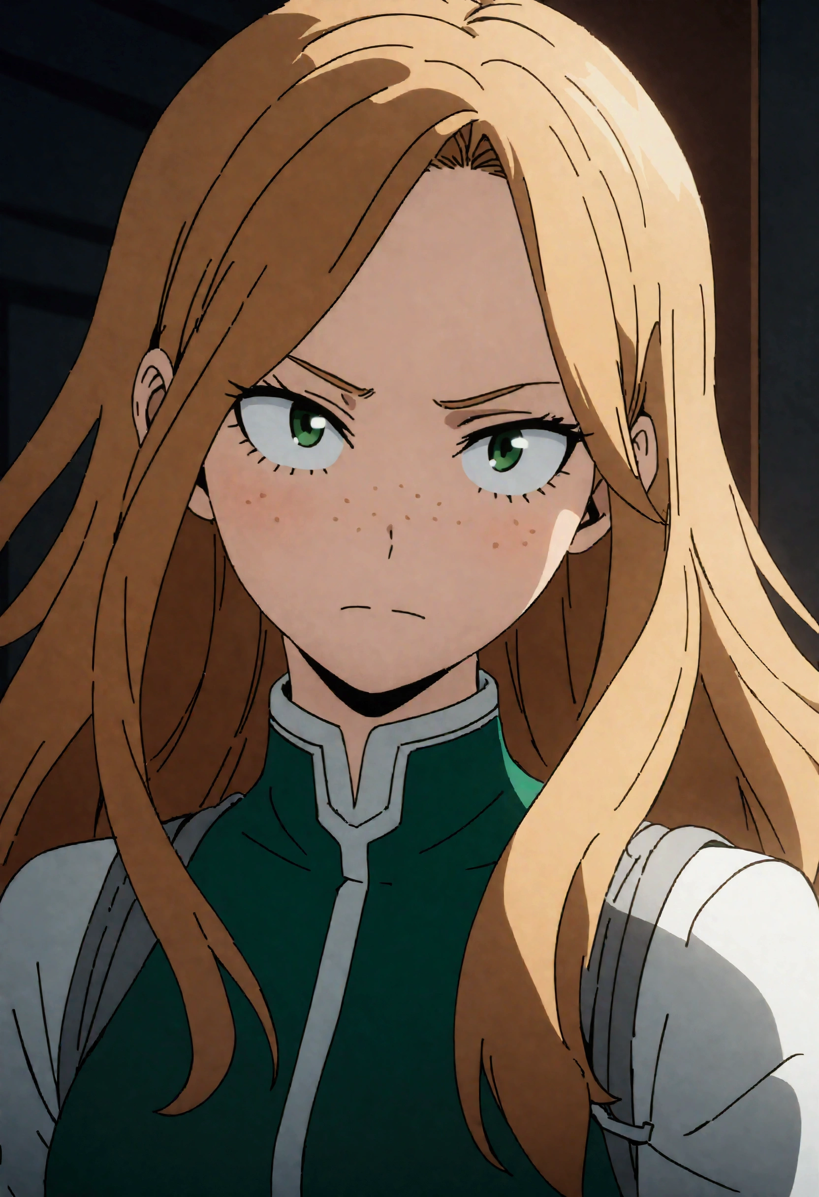 She is a 15 year old teenager, she has slightly disheveled long ginger hair, light brown eyes, with some freckles on the nose area  , fit body , anime art slyle my hero academy , sexy face , she is dressed in the anime female uniform "my hero academia", , 8k, high quality, masterpiece, , cinematic, vivid colors, shining green eyes