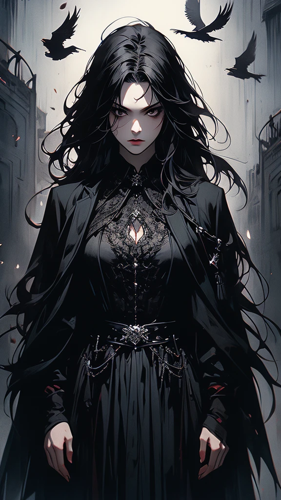 masterpiece,best quality,ultra-detailed,2girl,solo,crow,upper body,dark style,black hair,black clothes,standing,horror theme