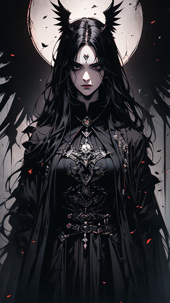 masterpiece,best quality,ultra-detailed,2girl,solo,crow,upper body,dark style,black hair,black clothes,standing,horror theme