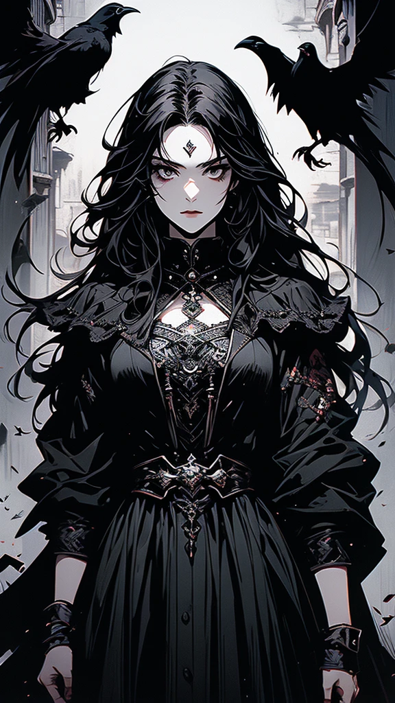 masterpiece,best quality,ultra-detailed,2girl,solo,crow,upper body,dark style,black hair,black clothes,standing,horror theme in a castle