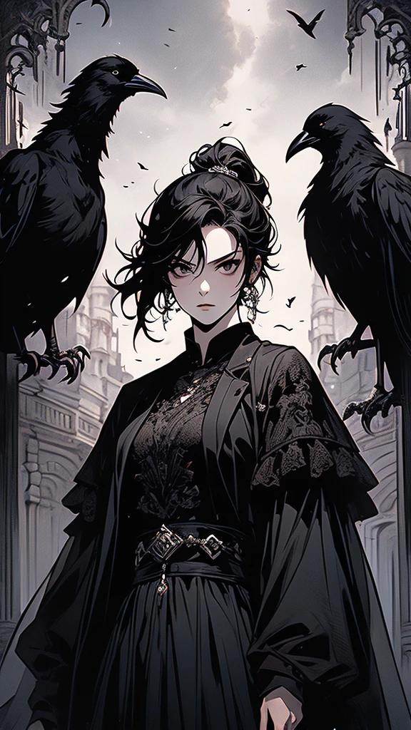 masterpiece,best quality,ultra-detailed,2girl,solo,crow,upper body,dark style,black hair,black clothes,standing,horror theme, nude, sitting