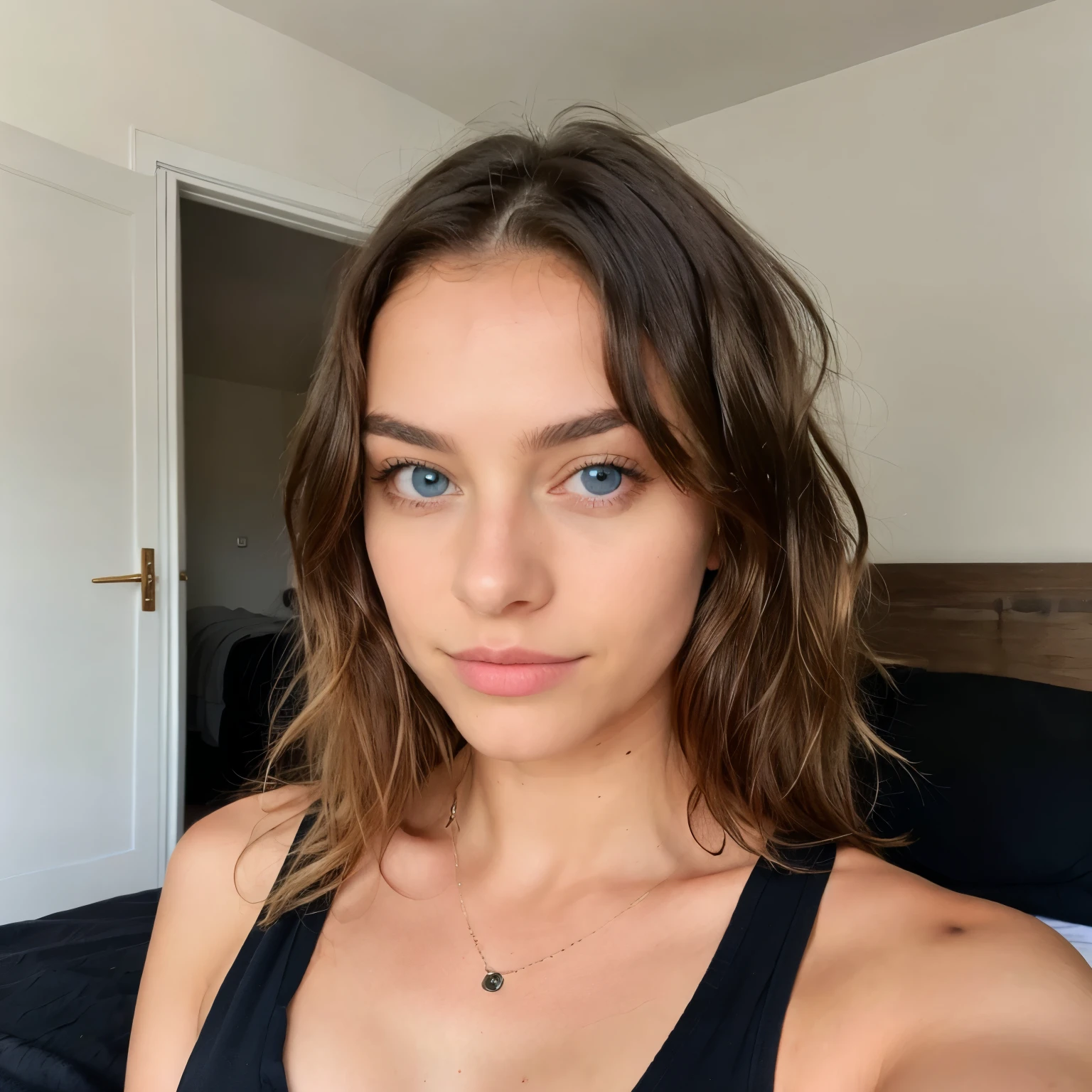 Pretty beautiful blonde with a black top (se prend en photo allongée sur son lit), very detailed, , visage innocent, naturally wavy hair, blue eye, high resolution, Boss of'ouvrages d'art, best quality, complicated details, very detailed, acuity, detailed skin, realistice Hauttextur, texture, detailed eyes, professionnel, 4K, charming smile, prise avec Canon, 85 millimeters, slight depth of field, kodak vision color, corps parfaitement ajusté, extremely detailed, photo_\(ultra\), fotorealistic, realistic, Post-traitement, maximum details, roughness, real life, ultrarealistic, photorealism, photography, 8k uh, photography