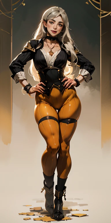 (Forrest from Fire Emblem Fates) 1 solo female full body standing straight symmetrical, looking at viewer, hands on hips, striped tights, golden bracelets, black choker with a golden heart pendant, hands on hips, confident smile, blushed cheeks