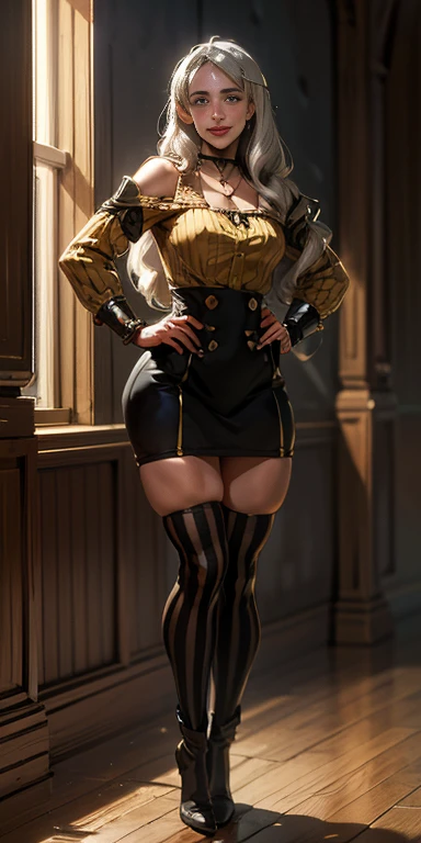 (Forrest from Fire Emblem Fates) 1 solo female full body standing straight symmetrical, looking at viewer, hands on hips, striped tights, golden bracelets, black choker with a golden heart pendant, hands on hips, confident smile, blushed cheeks
