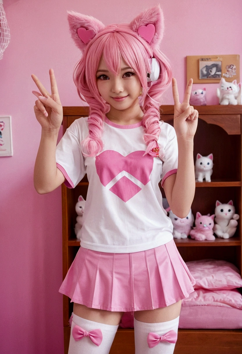1 girl,cat girl,animal ears,Tailpussy,gazing at viewer,ssmile,peace sign,Pink Kawaii Room,heart item,cinta,standing,trunk,เปลือยกาย, หน้าอกเล็ก, small bloob,