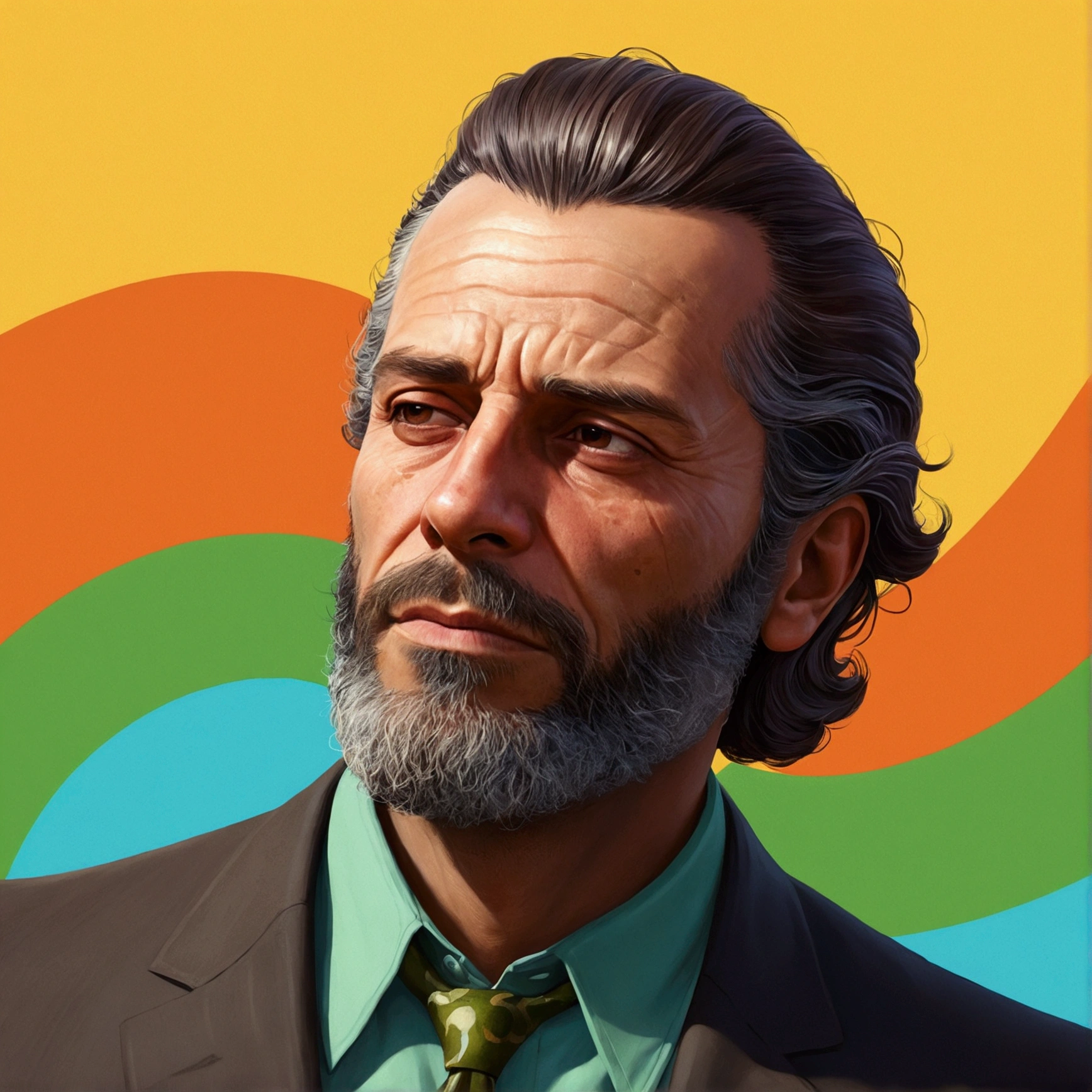 man, rico, cabelo castanho, 30years, Grieving, full character, Barba, illustration, Surrealism, GTAV, milionario, feliz, terno, empresario, alegre, sorriso