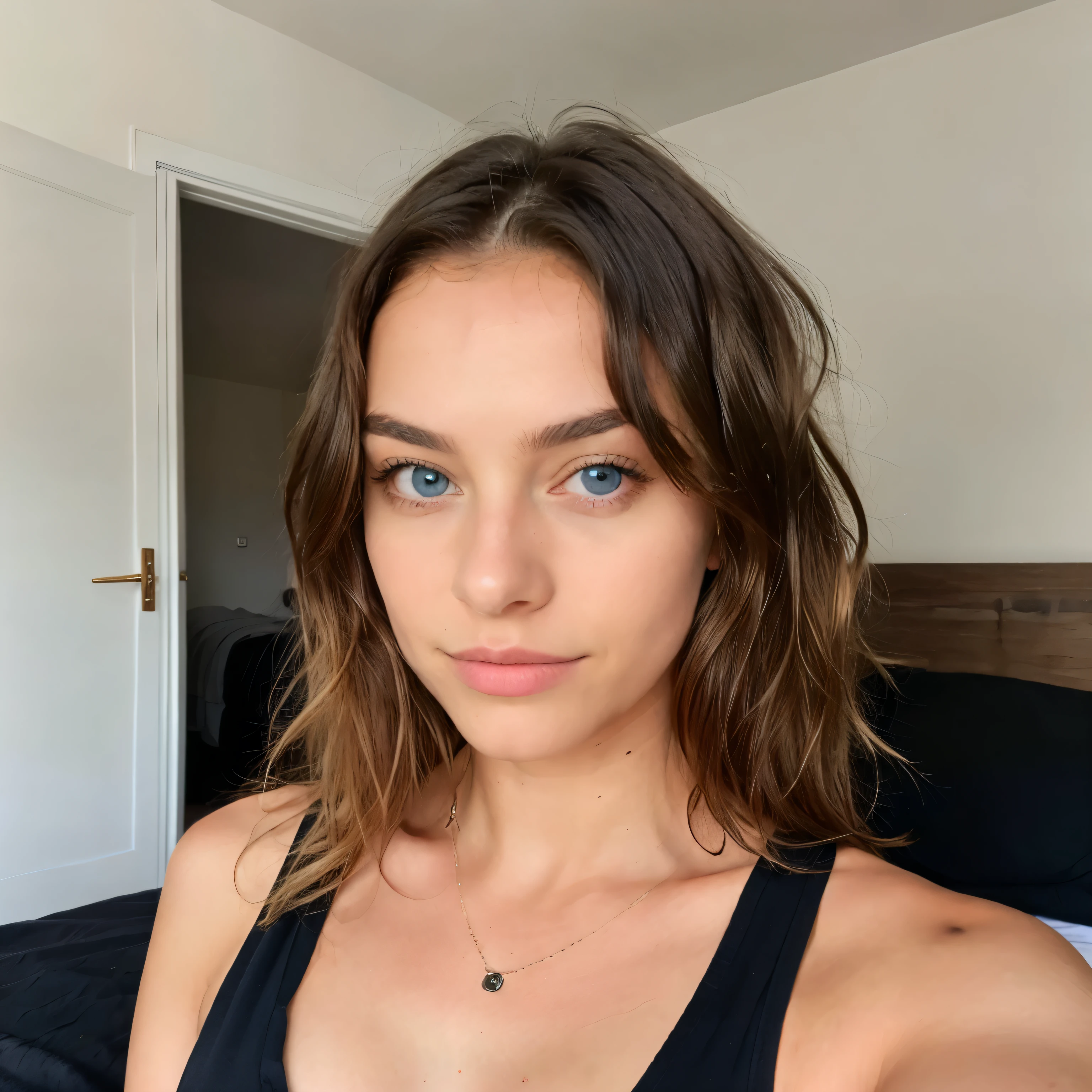 Pretty beautiful blonde with a black top (se prend en photo allongée sur son lit), very detailed, , visage innocent, naturally wavy hair, blue eye, high resolution, Boss of'ouvrages d'art, best quality, complicated details, very detailed, acuity, detailed skin, realistice Hauttextur, texture, detailed eyes, professionnel, 4K, charming smile, prise avec Canon, 85 millimeters, slight depth of field, kodak vision color, corps parfaitement ajusté, extremely detailed, photo_\(ultra\), fotorealistic, realistic, Post-traitement, maximum details, roughness, real life, ultrarealistic, photorealism, photography, 8k uh, photography