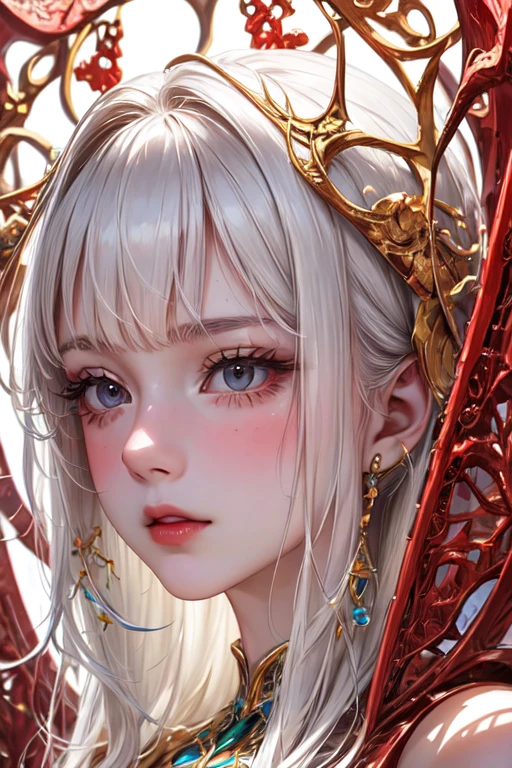 Close-up photo of a glass woman, details Intricate, White background, transparent body, Visible veins, wires, highy detailed, head, trunk, Breathtaking, sharp focus, Glass art, red and black, details Intricate, terrible, most beautiful form of chaos