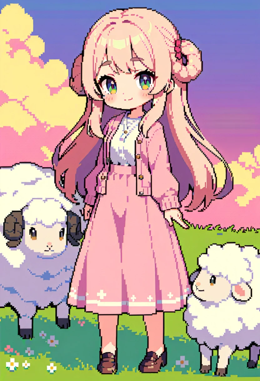 masterpiece, Highest quality, 8k, Pixel art, Pixel art, Vivid, woman, 若いwoman, smile, cute, Directed at an angle, Open your mouth, Fluffy hair, Long Hair, sheepの毛のような髪, Pink Hair, eyebrow, 太いeyebrow, one piece, Pink clothes, Long skirt, Spread your wings, cardigan, 水色のcardigan, shoes, 茶色いshoes, grassland, ((sheep, もこもこのsheep, 大きいsheep, sheepの背に女の子が乗っている)), sheepの群れ
