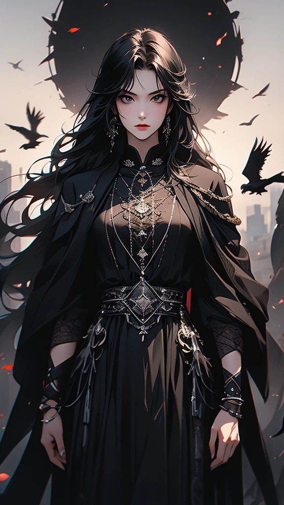 masterpiece,best quality,ultra-detailed,2girl,solo,crow,upper body,dark style,black hair,black clothes,standing,
