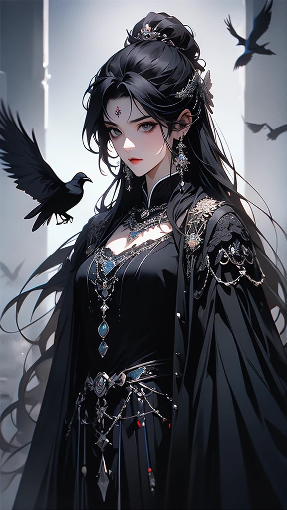 masterpiece,best quality,ultra-detailed,2girl,solo,crow,upper body,dark style,black hair,black clothes,standing,