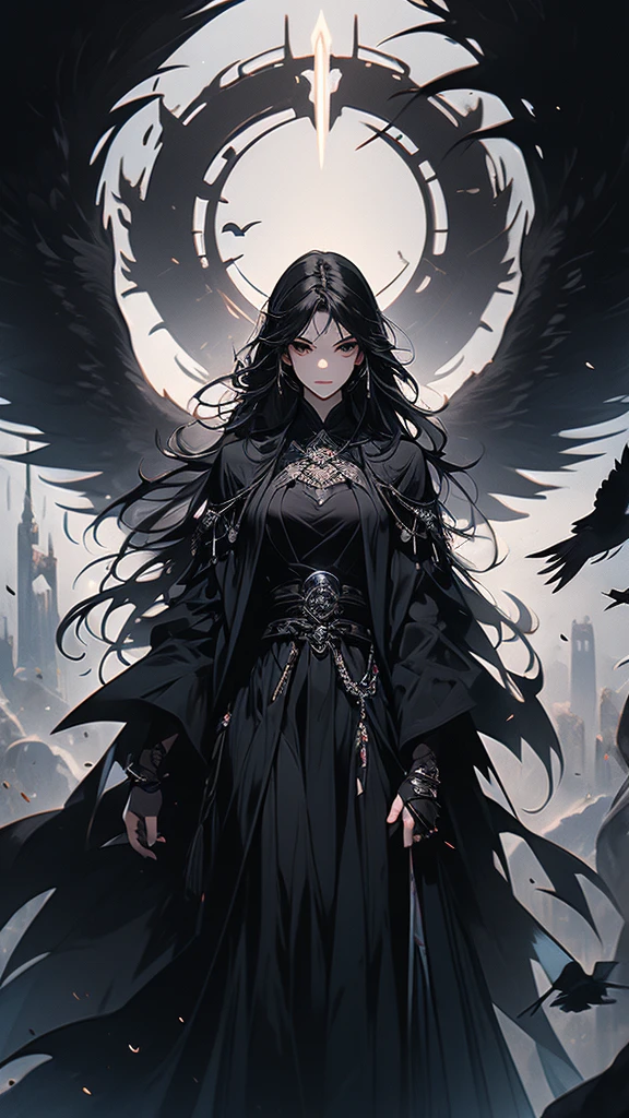 masterpiece,best quality,ultra-detailed,2girl,solo,crow,upper body,dark style,black hair,black clothes,standing,