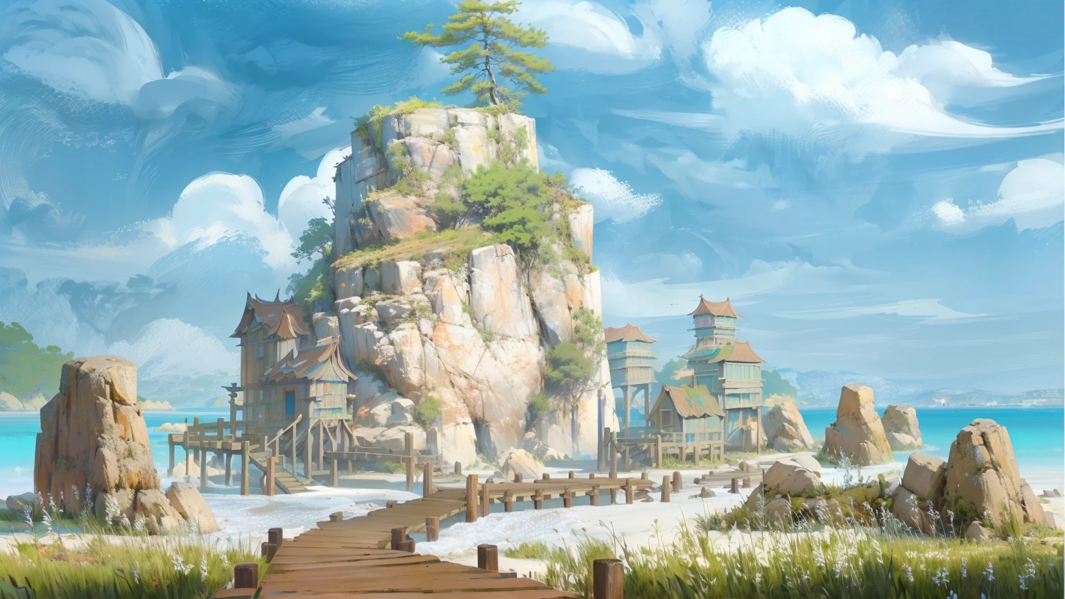 Drawing of an island with a bridge and a beach, 以游戏Concept Art形式进行绘制, 数字Concept Art, Concept Art非常详细, 风格化的Concept Art, environment design illustration, Concept Art, 风景游戏Concept Art, Concept Art渲染, Concept Art插图, 环境Concept Art, 详细的Concept Art, 详细的 4k Concept Art, Concept Art