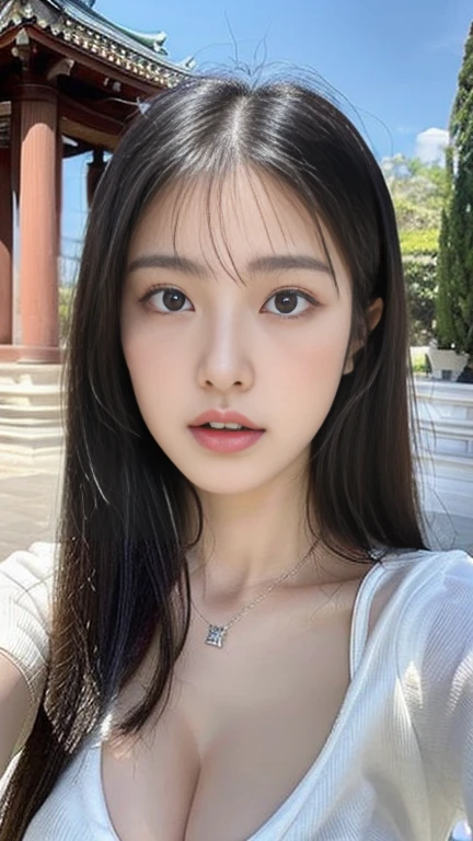 (highest quality, High resolution, masterpiece :1.3), tall and beautiful woman, thin abs, long straight black hair,22 years old Japanese,big breasts, wearing a pendant, white satin dresodern architecture in the background), Precisely expresses details such as face and skin texture, big eyes, double eyelid,I can see the whole body,embarrassed face