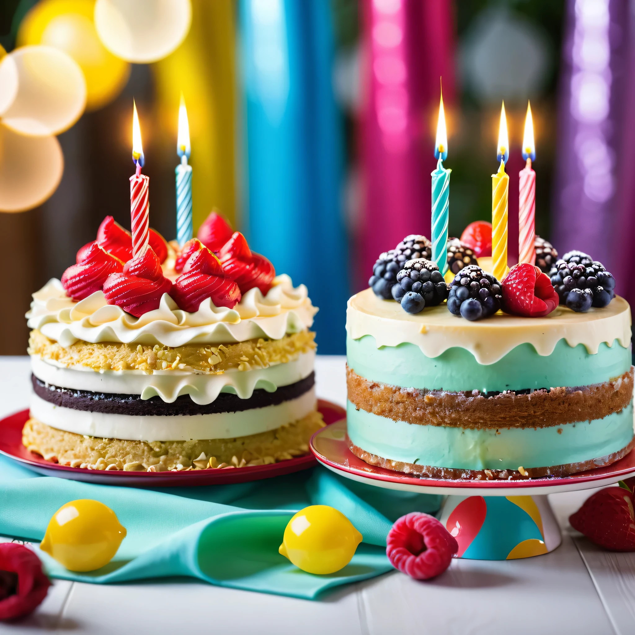 (best qualityer), (2 birthday cakes 🎂), dynamic photo, Pinterest, luscious, mouth watering, nblurry background, promotional still