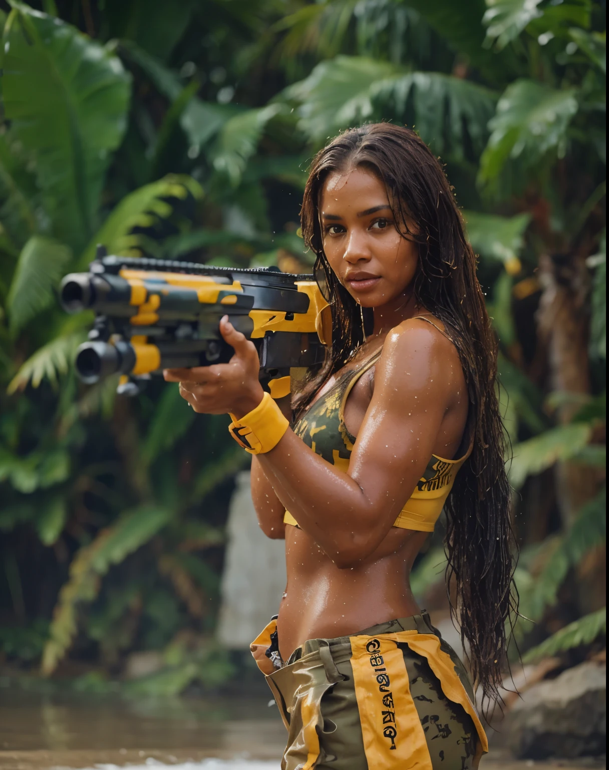 real and realistic photo. Brown skinned woman, wet brown hair, wet body. military pants, brazier top. the woman has a colorful firearm