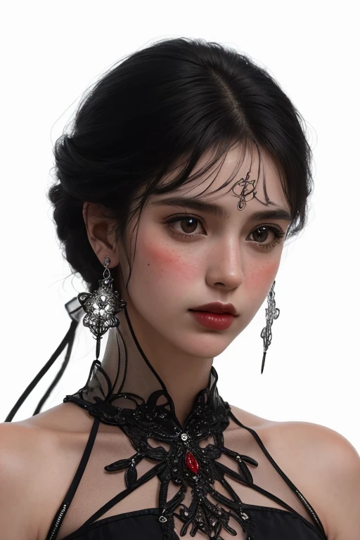 Close-up photo of a glass woman, details Intricate, White background, transparent body, Visible veins, wires, highy detailed, head, trunk, Breathtaking, sharp focus, Glass art, red and black, details Intricate, terrible, most beautiful form of chaos, Bblack hair