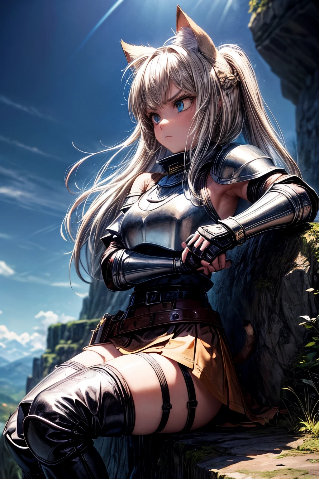 a girl, wearing armor, shoulder armor, mitts, blonde, long and tangled hair,  crossed arms, sitting on a rock, leather mini skirt, dressed like an Amazon warrior, background medieval village, cat ears on head, angry expression on the face, beautiful athletic body, (big eyes 80s anime style), long thigh-high boots,  profile posing 