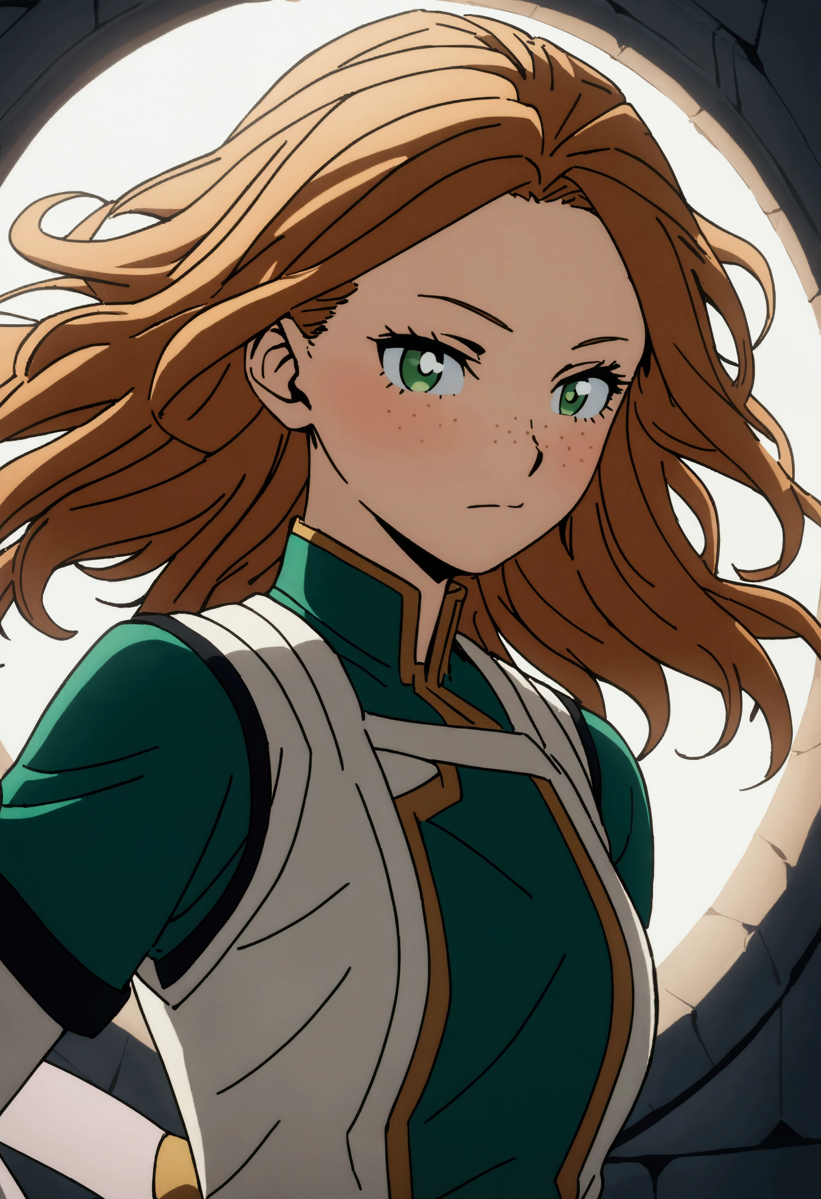 She is a 15 year old teenager, she has slightly disheveled long ginger hair, light brown eyes, with some freckles on the nose area  , fit body , anime art slyle my hero academy , sexy face , she is dressed in the anime female uniform "my hero academia", , 8k, high quality, masterpiece, , cinematic, vivid colors, shining green eyes