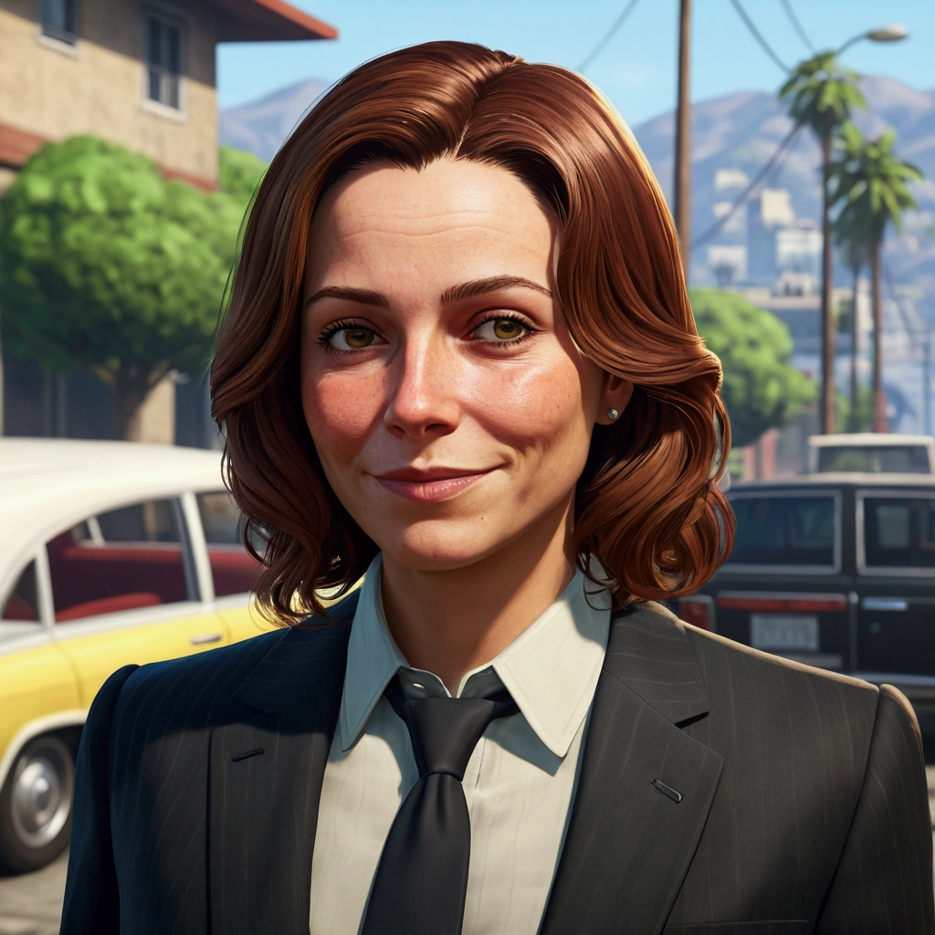Woman, rico, chestnut hair, 30years, Grieving, full character, Barba, illustration, Surrealism, GTAV, millionaire, glad, Suit, BUSINESSMAN, happy, ssmile